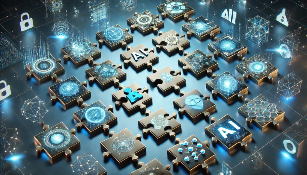 Framework IA generativa illustrati come puzzle interconnesso