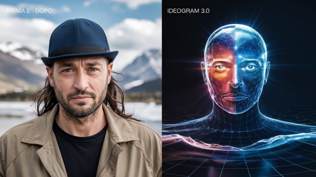 Confronto visivo "prima e dopo" tra un'immagine generata con Ideogram 2.0 e Ideogram 3.0, mostrando il miglioramento nel realismo e nella qualità complessiva.