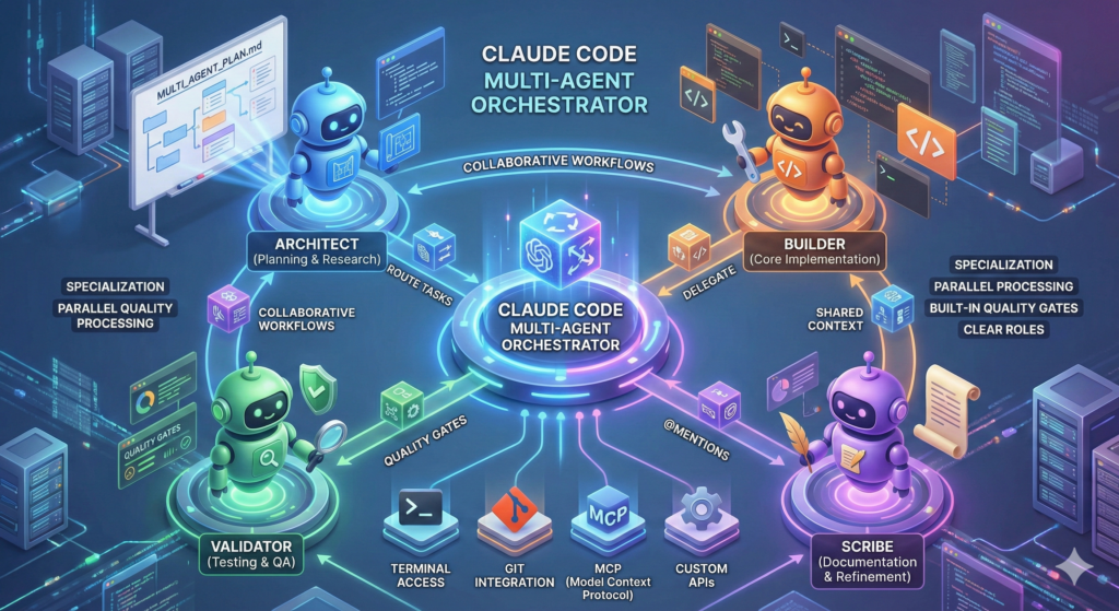 Infografica 3D che illustra l'architettura multi-agente di Claude Code. Un orchestratore centrale coordina quattro agenti AI specializzati (Architect, Builder, Validator, Scribe), mostrando flussi di lavoro collaborativi, delega di compiti e l'integrazione con strumenti come terminali, Git, MCP e API personalizzate, evidenziando benefici come la specializzazione e l'elaborazione parallela.